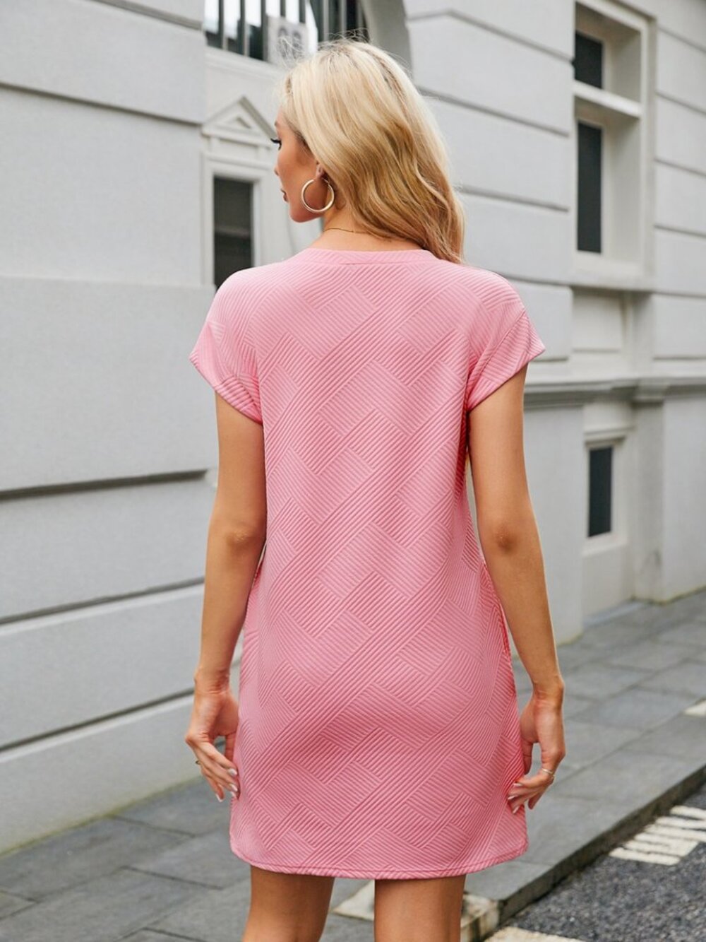 jacquard round neck pocket short sleeve loose dress - Picture 2 of 4